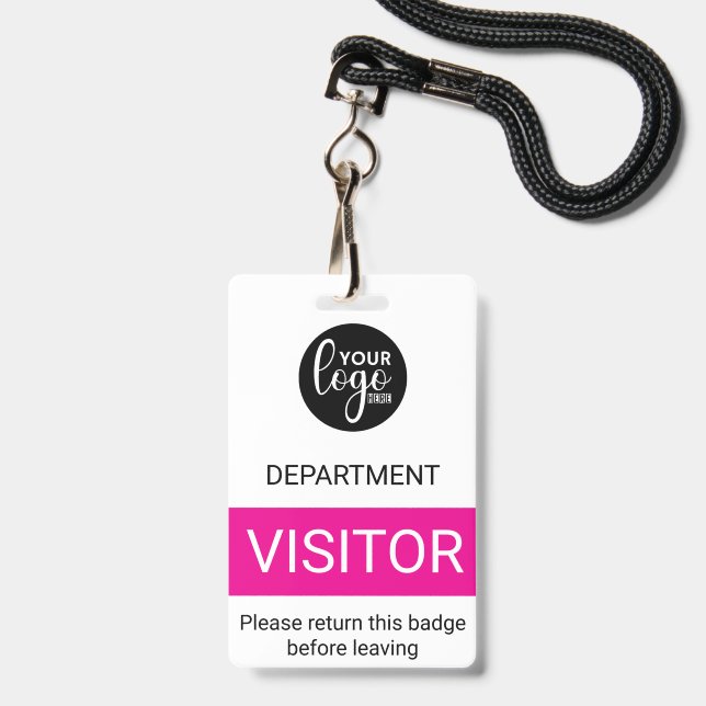 White Fuchsia Pink Logo Visitor Colour Code Access ID Badge (Front with Lanyard)
