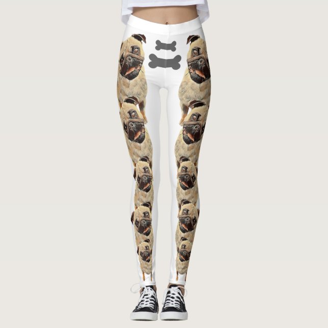 White Fun and Funky Pastel Pug Dog Leggings (Front)
