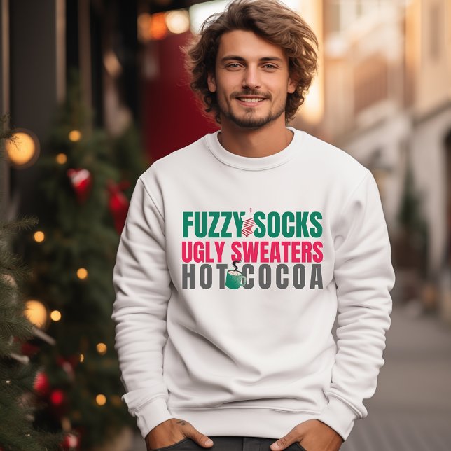 White Fuzzy Socks, Ugly Sweaters, Hot Cocoa Quote Sweatshirt (Creator Uploaded)