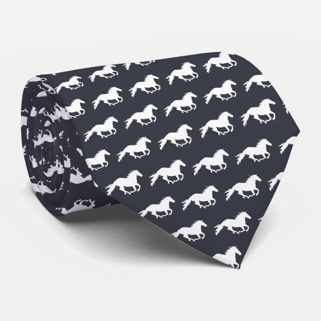 White Galloping Horse | Black Neck Tie (Rolled)