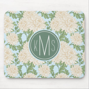 White Garden Mum Flower Pattern Mouse Pad