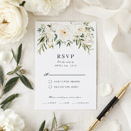 White Garden Roses Wedding RSVP Card