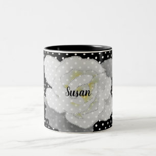 White Gardenia Flower Black White Polka Dot Two-Tone Coffee Mug