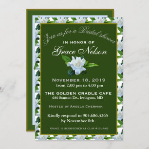 White Gardenia Green Foliage Bridal Shower Invitation