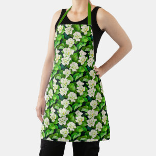 White Gardenias and Jade Green Leaves Apron