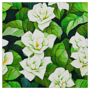 White Gardenias and Jade Green Leaves Fabric