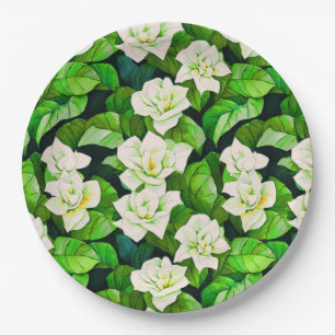 White Gardenias and Jade Green Leaves Paper Plate