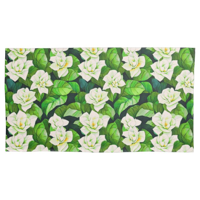White Gardenias and Jade Green Leaves Pillowcase (Front)