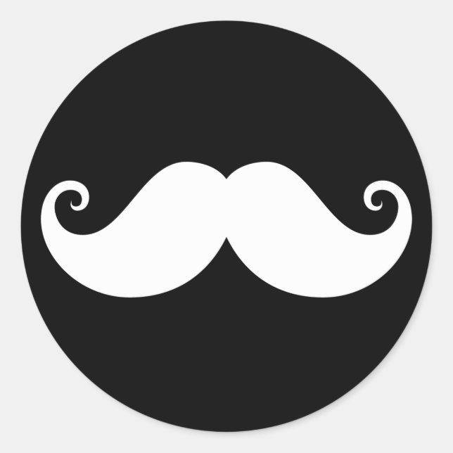 White gentleman handlebar moustache on black classic round sticker (Front)