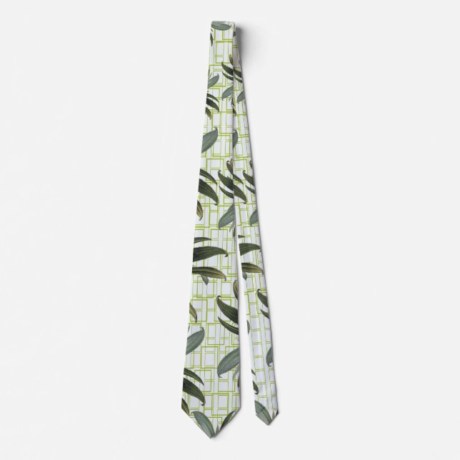 White Geometric Botanical Tie (Front)