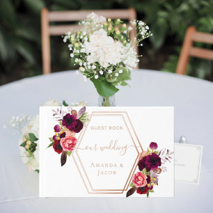 White geometric burgundy pink florals wedding  guest book