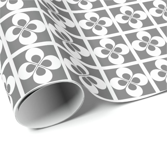White Geometric Floral on Grey Wrapping Paper (Roll Corner)