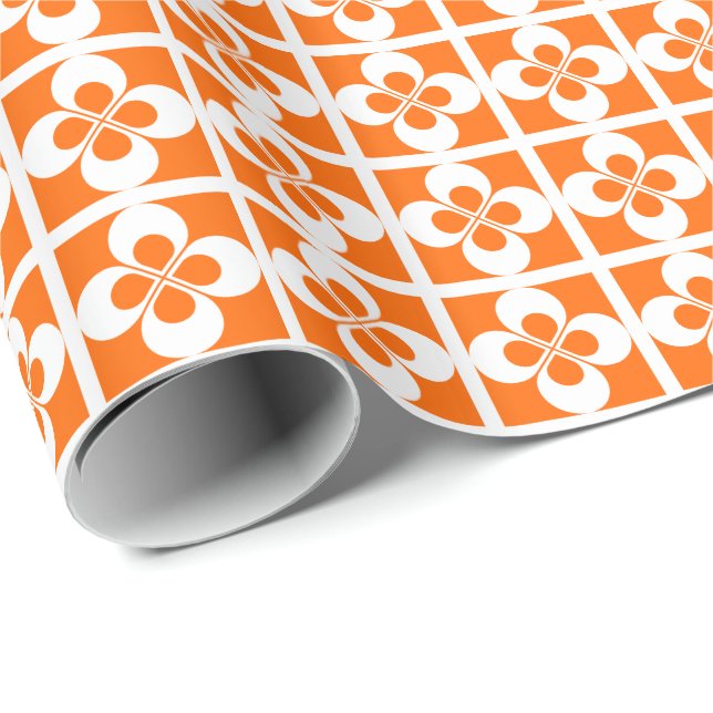 White Geometric Floral on Orange Wrapping Paper (Roll Corner)