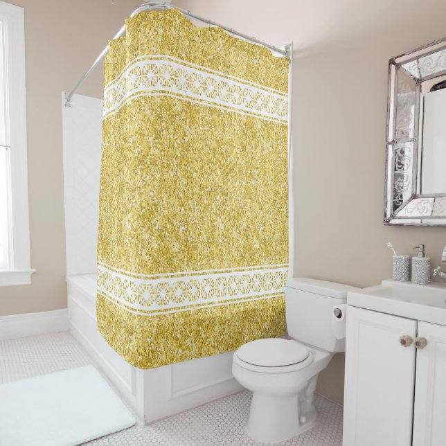 White Geometric Patterned Stripes on Gold Glitter Shower Curtain (In Situ)
