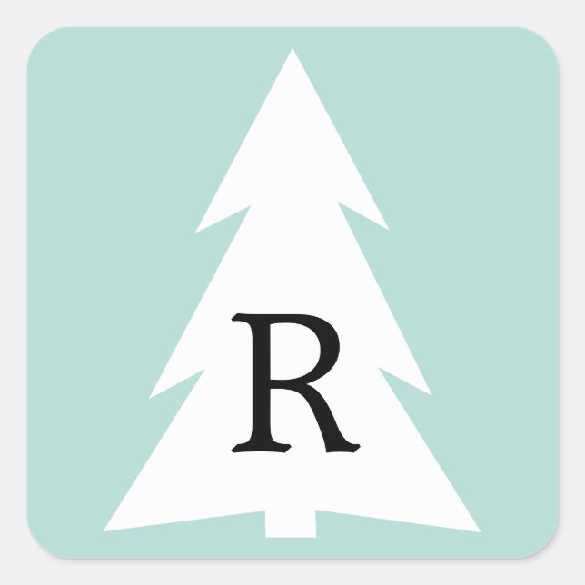 White Geometric Tree on Mint Green Custom Monogram Square Sticker (Front)