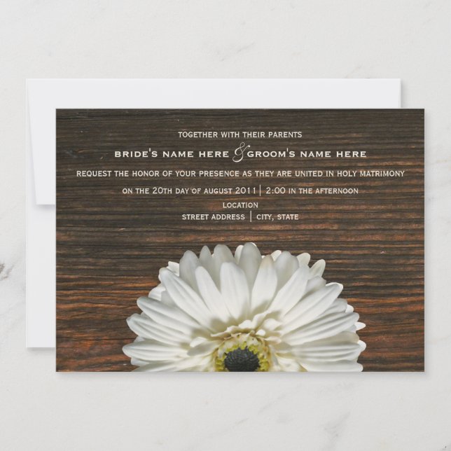 White Gerbera & Barnwood Rustic Wedding Invitation (Front)