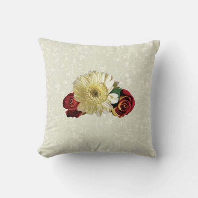 White Gerbera Daisy with Rosebuds Cushion (Front)