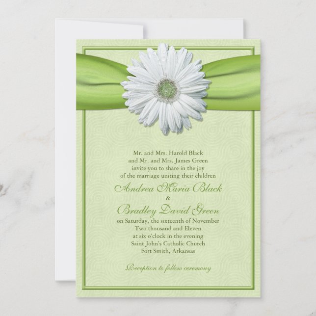 White Gerbera Green Ribbon Invitation (Front)