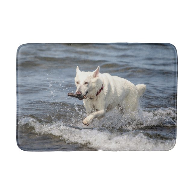 White German Shepard on Lake George Bath Mat (Front)