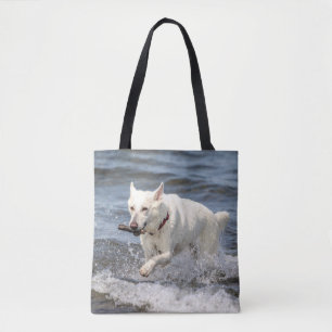 White German Shepard on Lake George Tote Bag