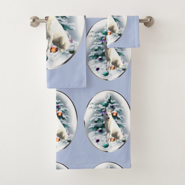 White German Shepherd Christmas Bath Towel Set (Insitu)