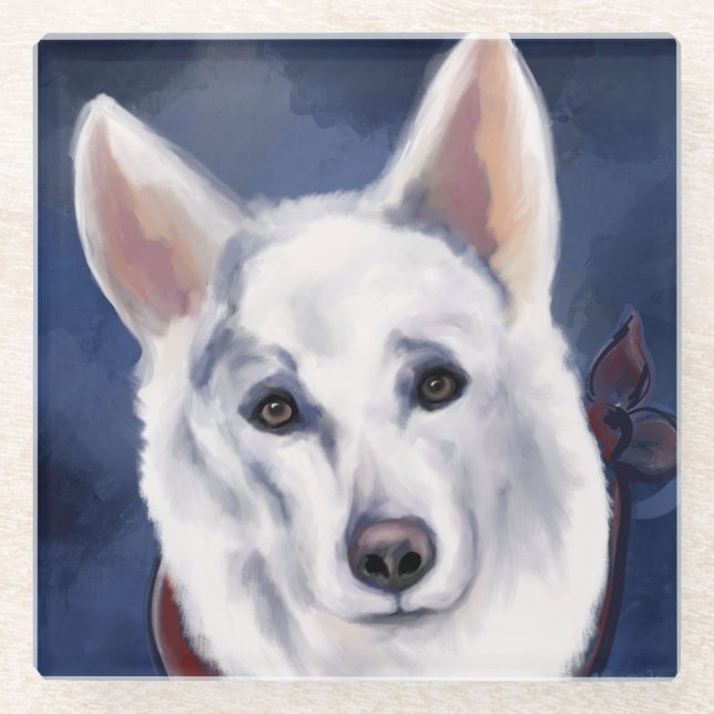 WHITE GERMAN SHEPHERD      GLASS COASTER (Front)