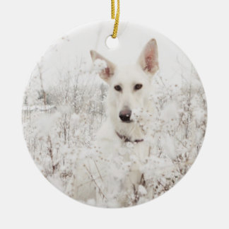 White German Shepherd in the Snow Ceramic Tree Decoration