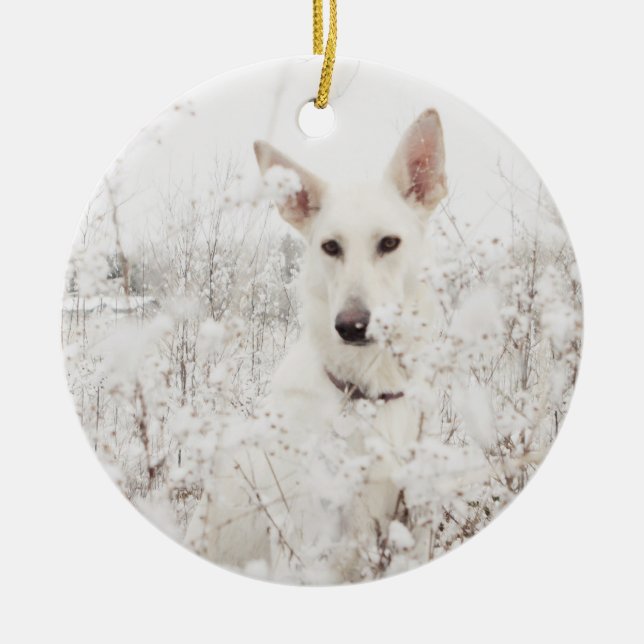 White German Shepherd in the Snow Ceramic Tree Decoration (Front)