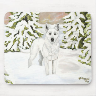 White German Shepherd in Winter Snow Mouse Pad