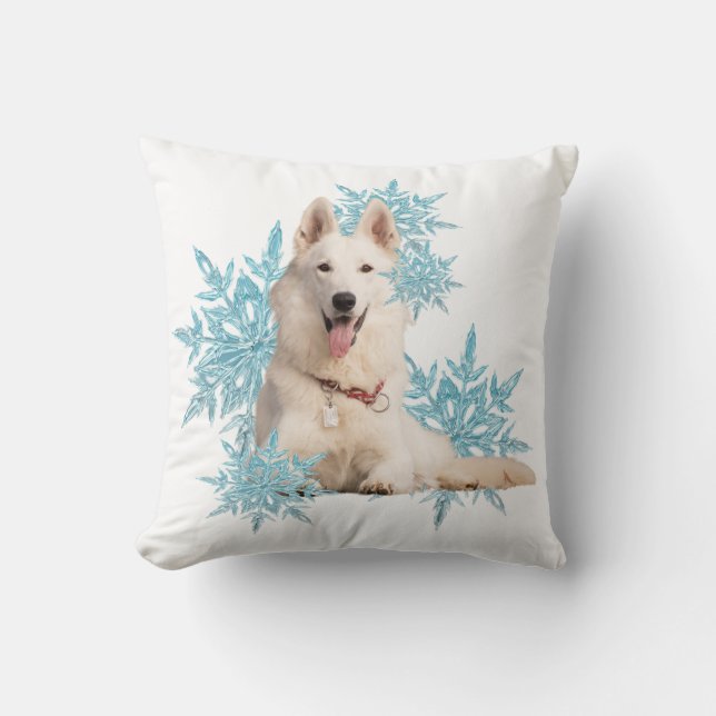 White German Shepherd laying in the Snowflakes Cushion (Front)