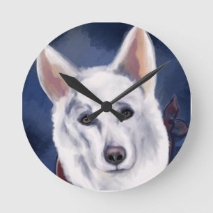 WHITE GERMAN SHEPHERD   ROUND CLOCK