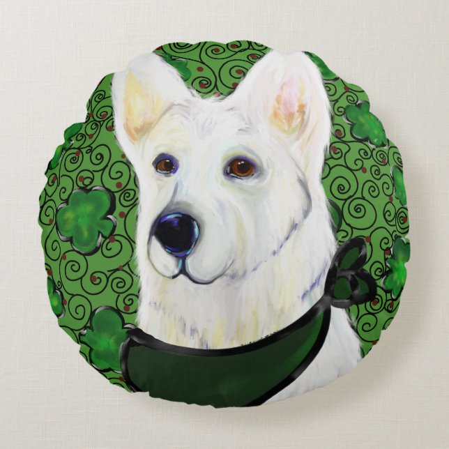 White German Shepherd St. Patty Round Cushion (Front)
