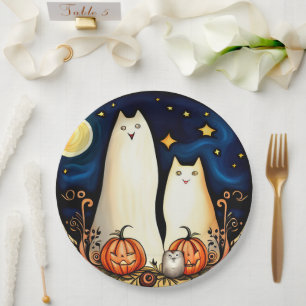 White Ghost Cats and Jack-o' Lanterns Paper Plate