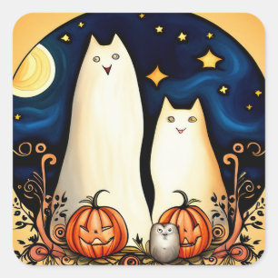 White Ghost Cats and Jack-o' Lanterns Square Sticker