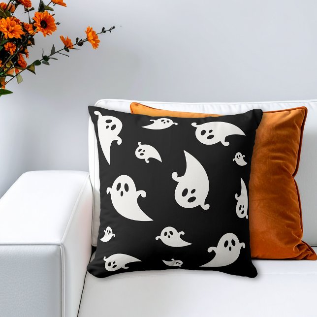 White Ghost Silhouettes On Black Spooky Halloween Cushion (Creator Uploaded)