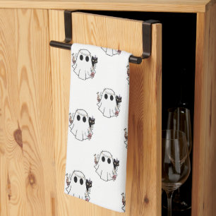 White Ghosts and Black Cats White Halloween Tea Towel