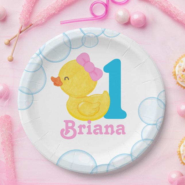 White Girl Rubber Duck Personalised Birthday Paper Plate (Girl Watercolor Rubber Duck Birthday Age Paper Plates)