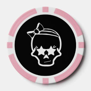 White Girly Skull with a Bow Line Art on Dark Poker Chips