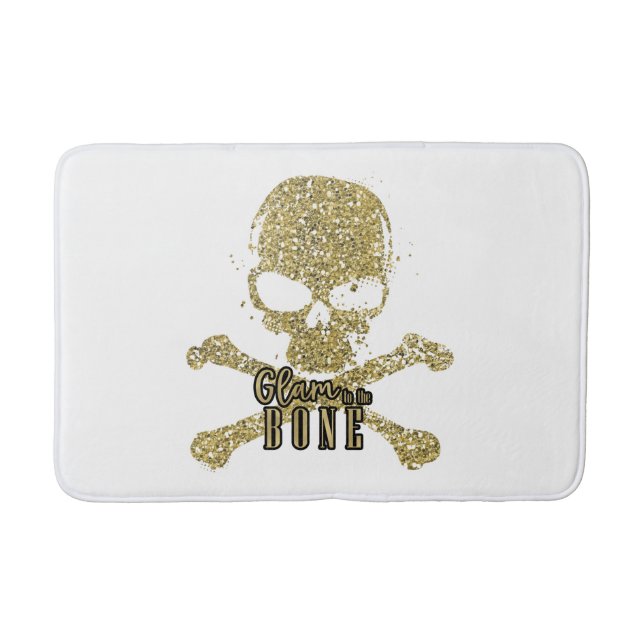 White Glam to the Bone Gold Glitter Skull Bath Mat (Front)