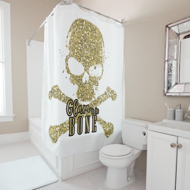 White Glam to the Bone Gold Glitter Skull Shower Curtain (In Situ)
