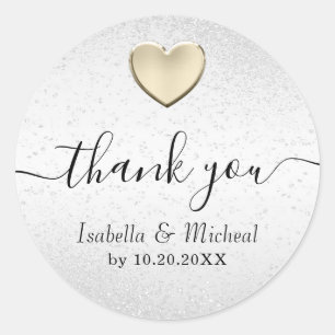 White Glitter and Gold Heart - Thank You Classic Round Sticker