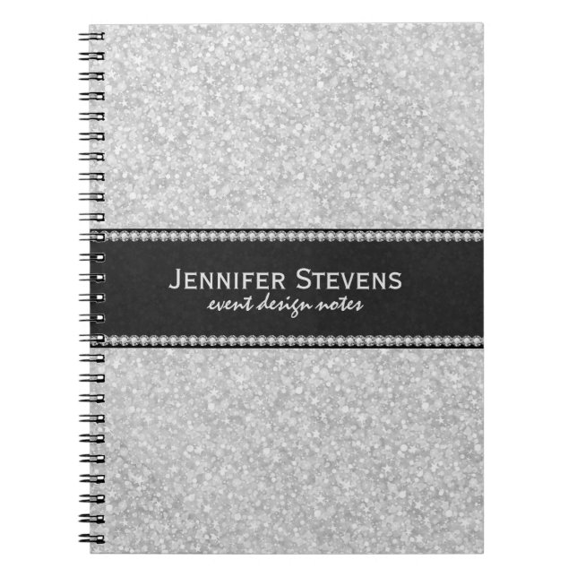 White Glitter And Sparkles Black Accents Spiral Notebook (Front)