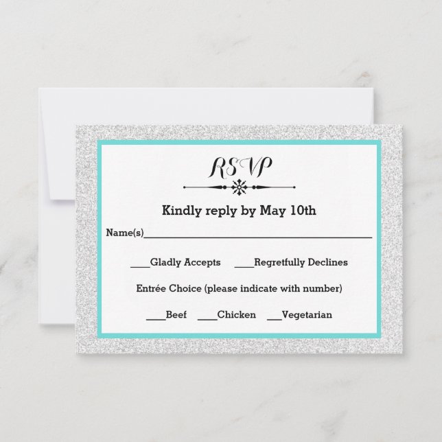 White Glitter and Teal Frame- RSVP Response Card (Front)