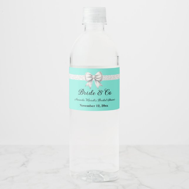 White Glitter Bow Paris Blue Bridal Shower Water Bottle Label (Front)