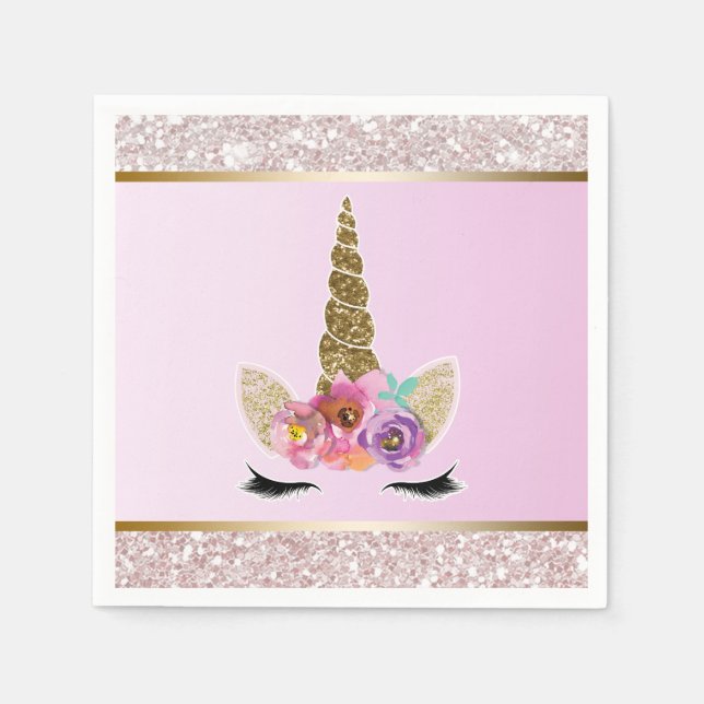 White Glitter Glam Unicorn Pink Birthday Party Napkin (Front)