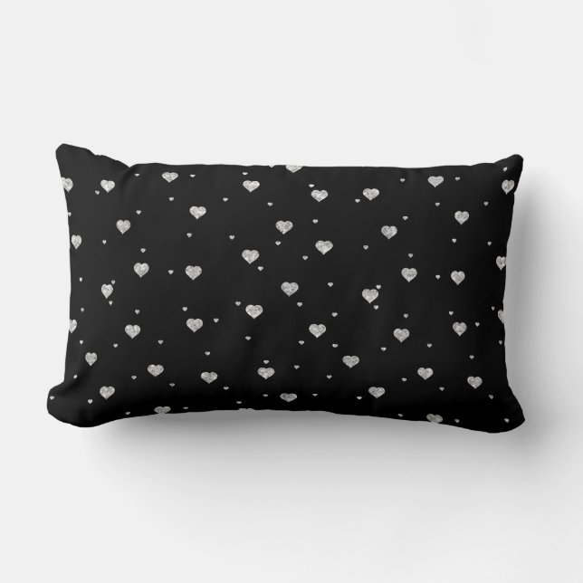White Glitter Hearts Pattern On Black Lumbar Cushion (Front)