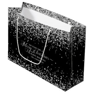 White Glitter & Merry Christmas Text Parsonalized Large Gift Bag