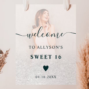 White glitter ombre photo Sweet 16 welcome Poster
