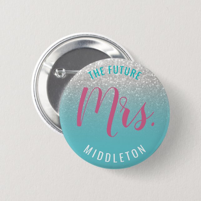 White Glitter on Teal Blue with Pink 6 Cm Round Badge (Front & Back)