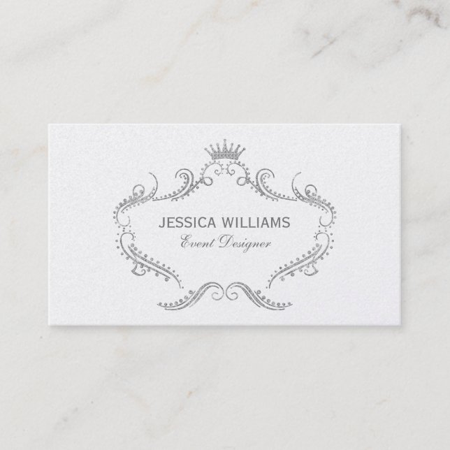 White Glitter Ornate Frame with a crown Business Card (Front)